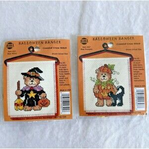 2 MINI Halloween CROSS STITCH Hanger Kits Bear Witch 4321 Bear Pumpkin 4327 NMI